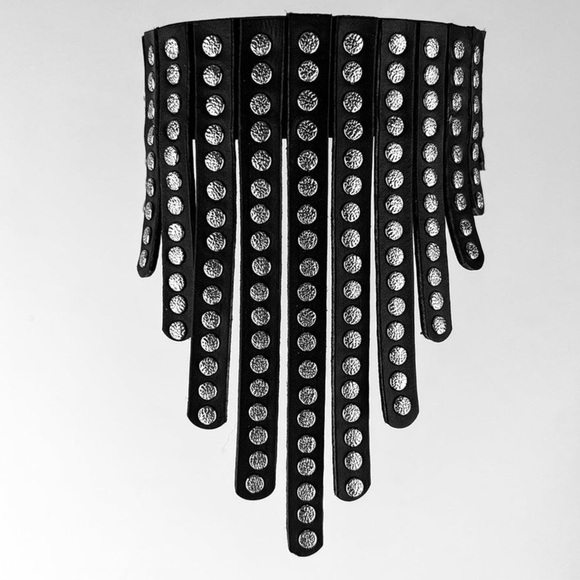 New Black Leather Studded Fringe Collar Statement Necklace - Picture 7 of 16